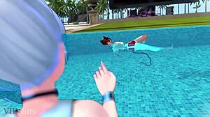 ฉาก#3 สำหรับวิดีโอ: This animated video is at https://vipsluts.com/video/3528103 and it is a scene of a Korean MILF with a femboy picking up by the pool