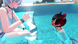 ฉาก#4 สำหรับวิดีโอ: This animated video is at https://vipsluts.com/video/3528103 and it is a scene of a Korean MILF with a femboy picking up by the pool