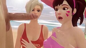 स्थल#1 वीडियो के लिए: Dva and Tracer in 3D game with monster cocks